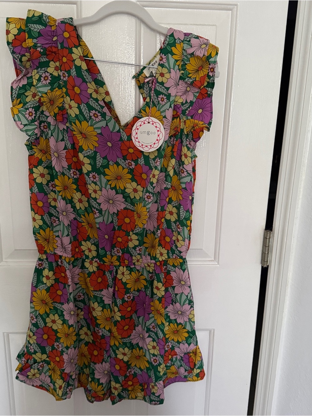 Umgee Green Floral Ruffle Romper with Pink Yellow Orange Blossoms